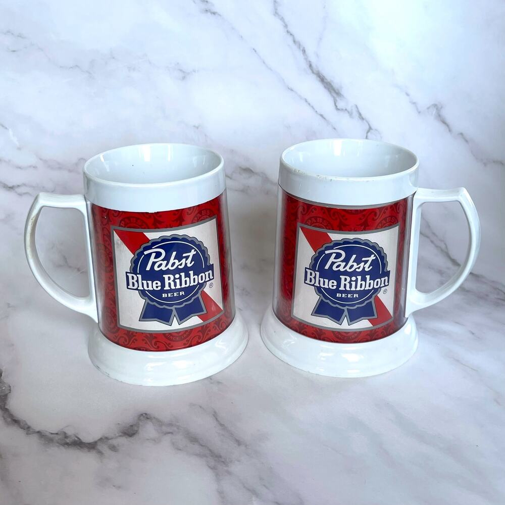 Vintage Pabst Blue Ribbon PBR Plastic Beer Stein Mugs Set of 2 Dawn USA